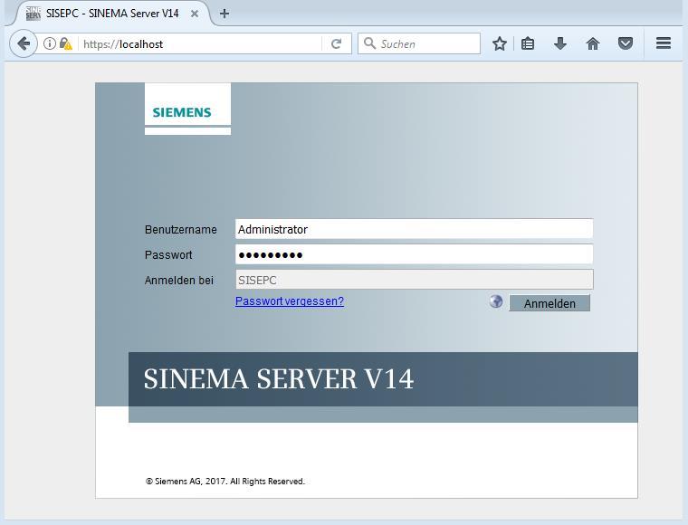 Siemens AG 20177 All rights reserved 2.2.2 SINEMA Server Logon URL call and logon 1. Start your browser and enter the SINEMA server URL in the address line.