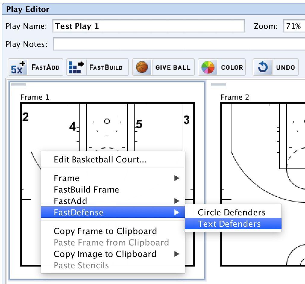 If you have already added offensive players to the court, quickly add 5 corresponding defenders by using the FastDefense feature.