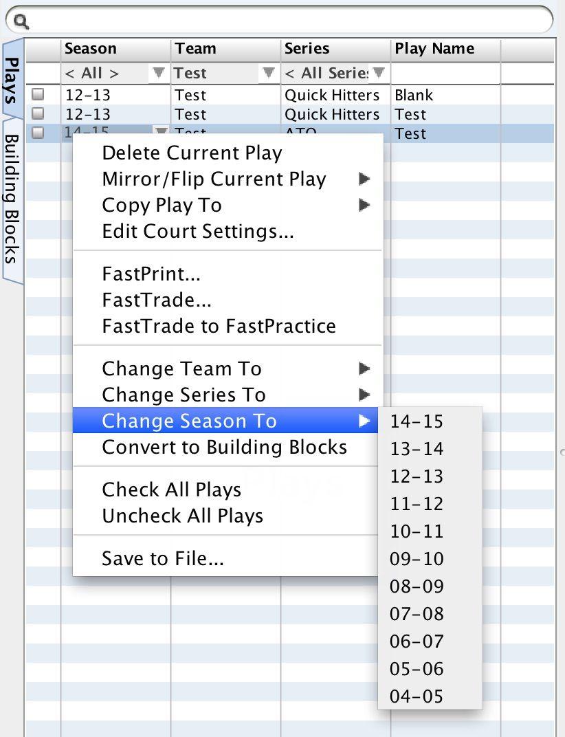 If you want to edit multiple plays at one time to change the Season, Team, or Series, make a check mark next to each play that you wish to edit, and
