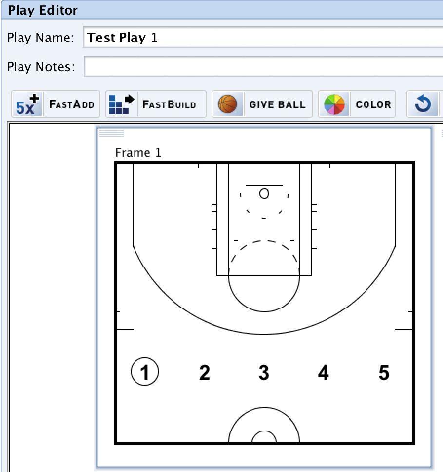 Selecting Player 1 Ball adds all 5 players to the frame, and gives 1 the ball: The players on the court can be