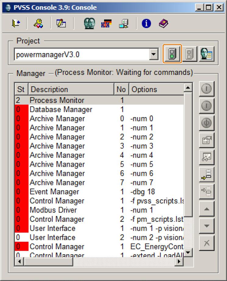 Starting the project 3.2 Project start Step 2: Open project Select "powermanagerv3.0" as the project in the Console, and click on the green traffic light symbol to start the project.