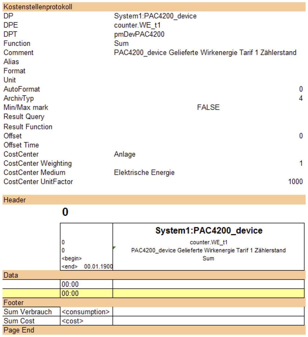 Reporting 7.2 Cost center report It is important that a device is marked (in this case, "System1:PAC4200_device"). The datapoint is inserted in Column C of your template.