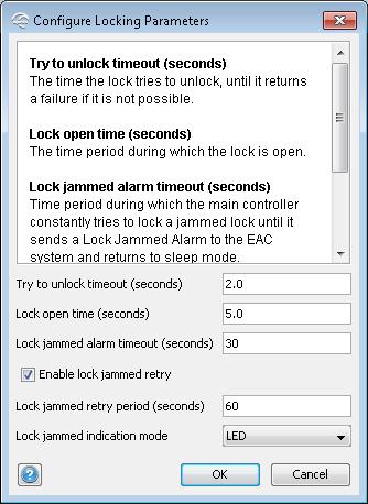 Locking Parameters This dialog allows you to configure timing for different operations in the lock: Try to unlock timeout (seconds): How long the lock tries to unlock before it returns a failure.