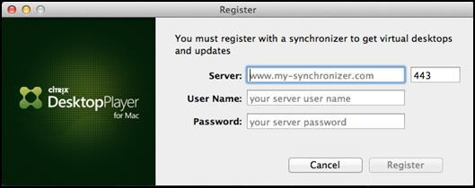 2. In the Register screen, enter the Synchronizer information that your IT administrator provided; use this login information to gain access