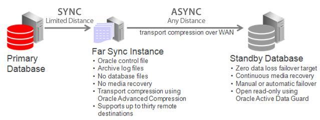 Far Sync enables zero data loss failover at any distance by deploying a Far Sync instance (a lightweight Oracle instance that has only a control file, spfile, password file and standby log files,