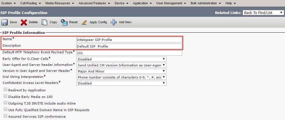 SIP Profile Configuration SIP Profile will be later associated with the SIP trunk Navigation Path: Device > Device