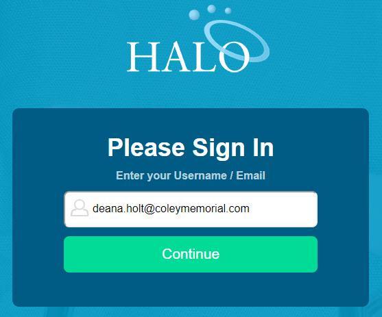 Secure Sign-In You can access Halo using this URL: https://secure.dochalo.com (Please bookmark this link for ease of access in the future.) 1. Type your username and click Continue.