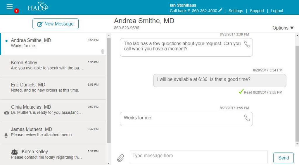 You can message any physician or staff in your Contact List. All messages can be accessed in the Message Summary displayed in the left pane. Unread messages have a dot indicator.