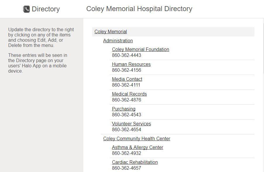 Departmental Directory You can enter and edit key categories, locations and specific directory numbers for your organization from the Web App.