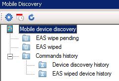 Mobile device discovery The Mobile device discovery tree lists devices that are associated with EAS wipe or discovery commands.