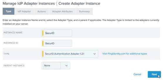 8. Log in to the administrative console and click the Adapters link in the IdP Configuration section. 9. Click the Create New Instance button on the Manage IdP Adapter Instances page. 10.