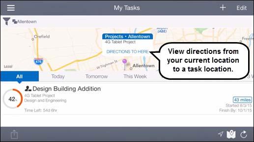 View and navigate to the location of a task. If you have locations assigned to tasks, and location services enabled on your device, open a map showing the location assigned to a task.
