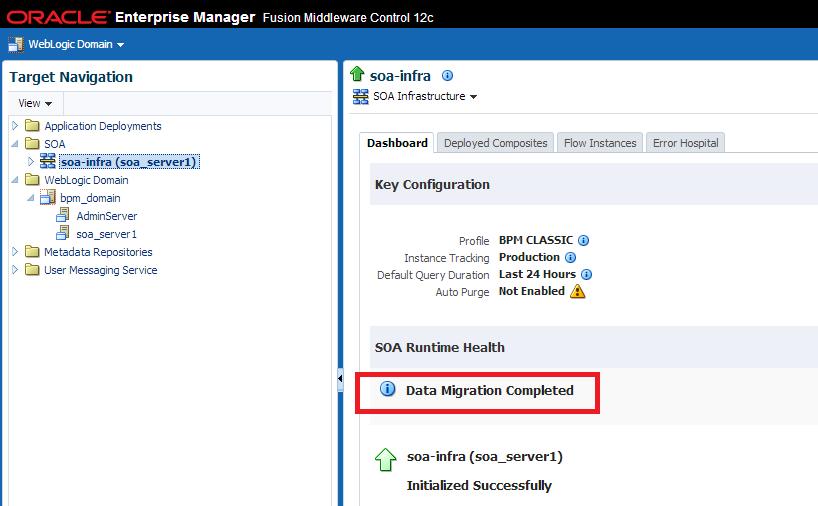 Monitoring Upgrade Status with Fusion Middleware Control Figure 9 1 SOA Runtime Health: Data Migration Completed Click Data Migration Complete and