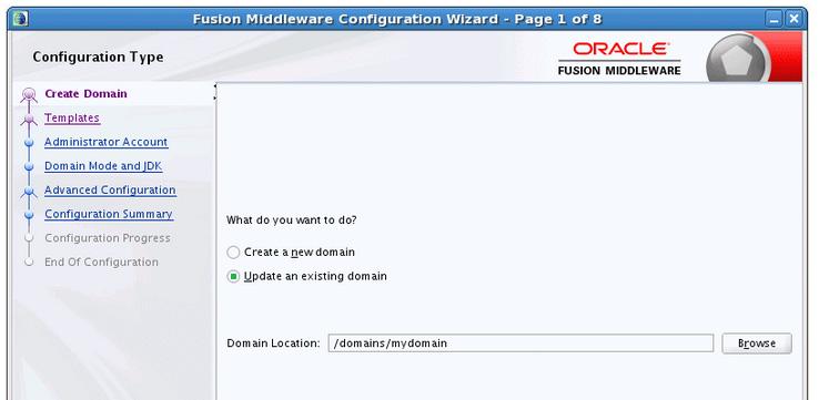 Extending the SOA Domain with Oracle BAM 12c (Windows) ORACLE_HOME\oracle_common\common\bin config.cmd 2. Select Extend Existing Domain when prompted: 3.