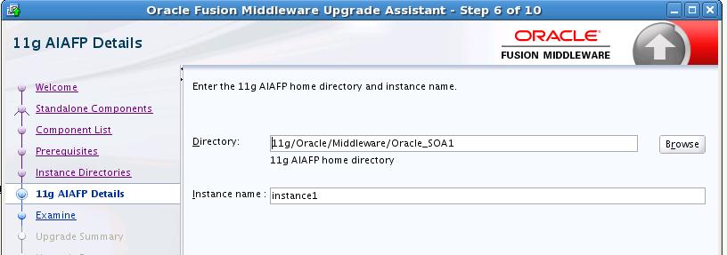 6, "Upgrading the Domain Component Configurations Using the Upgrade Assistant", you will have to enter the 11g AIAFP directory location and Instance name in the 11g AIAFP Details screen as shown