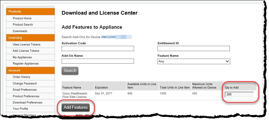 See the Licenses and Features table (above) for details. 5. In the Qty to Add column, type the number of units for each feature you need to use. 6.