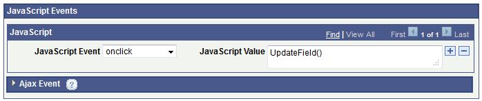 Chapter 26 Working with Common Page Element Properties Then on the properties page for the element, you define the JavaScript event and JavaScript value in the JavaScript Event section shown in this