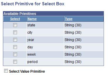 Managing Select Box Page Elements Chapter 40 After you click the Add Select Box button, the Select Primitive for Select Box page appears for you to define the element.