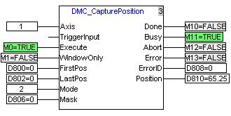 4. Motion Control Instruction Position capture 1) The Position captured by using the DMC_Capture Position instruction is converted from other value Mode Mode 0, mode 1 Data source The pulse number