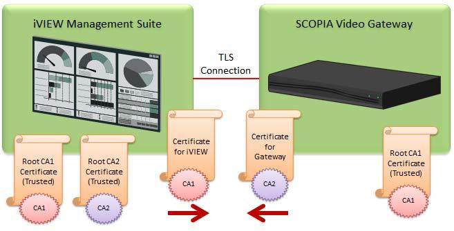 Figure 5-4 TLS connection using certificates signed by different CAs When each certificate is signed by a different CA (Figure 5-4 on page 137), upload the following certificates to the iview