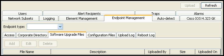 b. Select Software Upgrade Files. Figure 7-1 Endpoint Software Upgrade To manage elements: a. Select Software Upgrade Files. b. Select the type of element you require in the Show field.