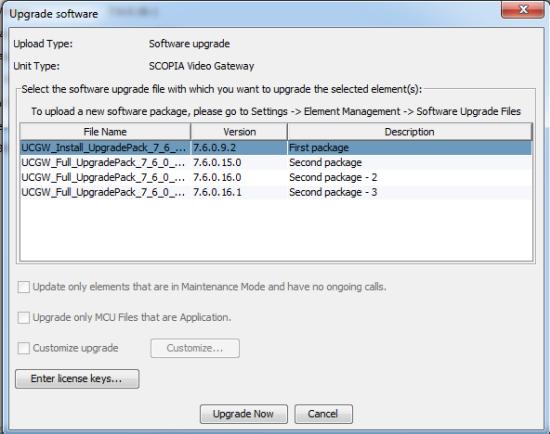 Figure 7-6 Upgrade software dialog box Step 8 Step 9 0 1 Select the package you added. If you are upgrading for a major version, enter the license key: a. Select Enter license keys. b. Enter the license key in the field.