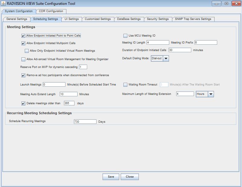 Defining Meeting Scheduling Settings Figure 7-10 Configuring Meeting Scheduling Settings Call authorization When iview Management Suite and a SCOPIA Enhanced Communication Server are working in