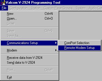 Select Communications Setup from the File Menu as shown in the following screen