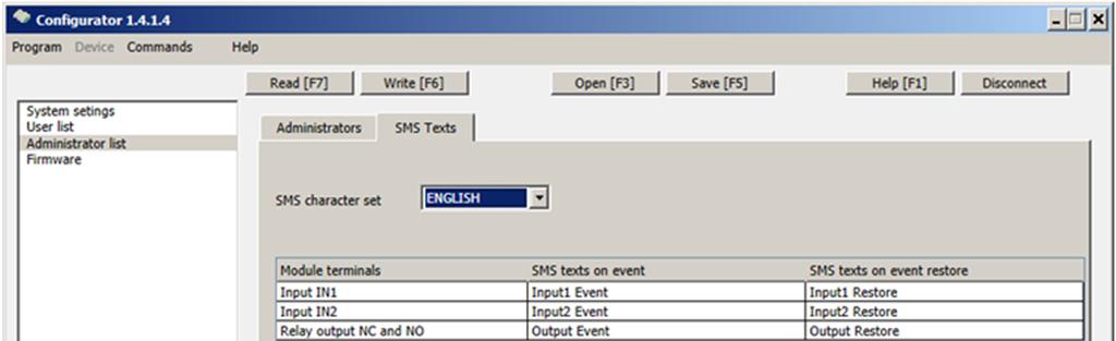 Texts of the SMS messages Recording and saving the configuration 1.