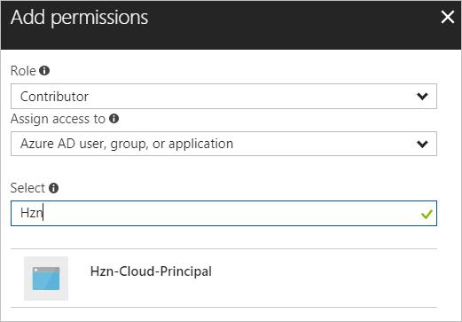 c In the Add permissions screen, select Contributor for Role and then use the Select box to search for your service principal by the name you gave it.