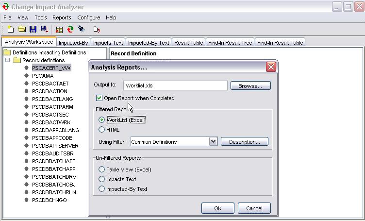 Viewing Results Chapter 8 Running Reports To produce a report of the analysis, select Reports, Analysis Reports from the Change Impact Analyzer toolbar.