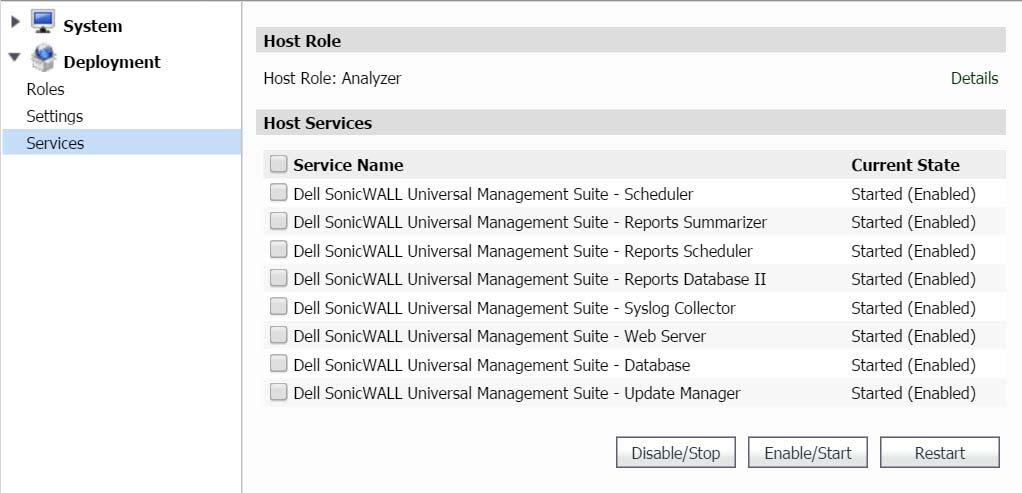 Controlling Deployment Services The Deployment > Services page provides a list of the services that are running on your system as part of Analyzer Virtual Appliance.