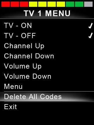 To delete all IR Codes for an Appliance select Delete All Codes within that Appliance s sub-menu.