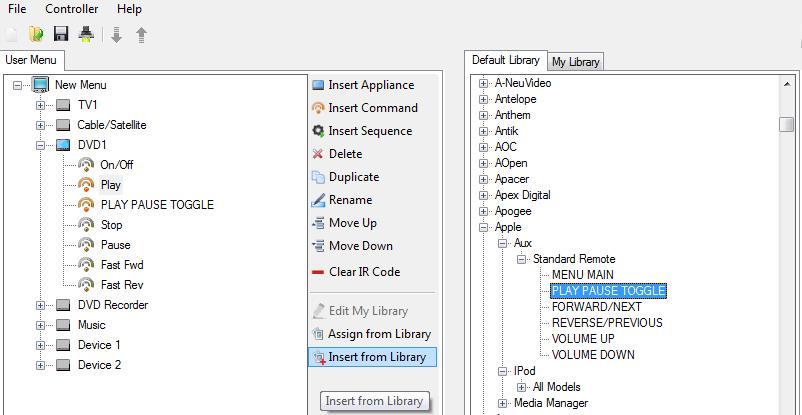 2.3.11 INSERT FROM LIBRARY Inserts a highlighted Appliance or Command from the Default Library or My Library to the position beneath the highlighted Appliance or Command in the User Menu.
