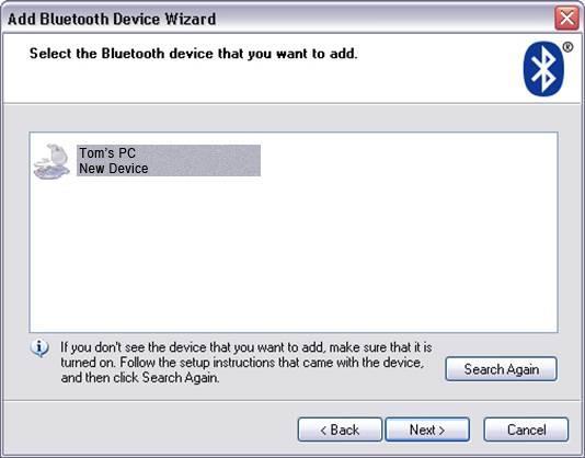 Click Add to open the Bluetooth Device Wizard and a screen such as below should appear.