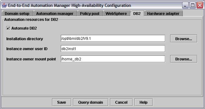 DB2 tab The tab displays the parameters used for automating the DB2 instance that hosts the System Automation Application Manager database (EAUTODB).