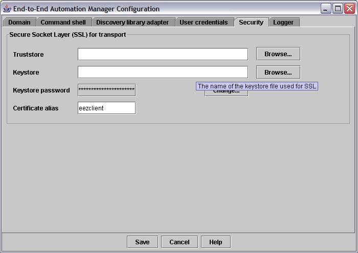 Security tab Use the Security tab to browse and change the configuration properties for the SSL connection to the first-leel automation domains.
