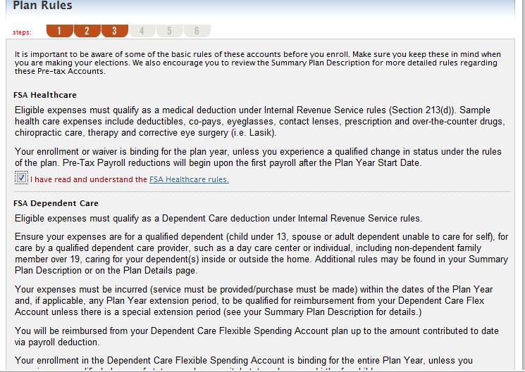 Step 3 Plan Rules Under Terms and Conditions, check the applicable I have read and understand box on the FSA and Dependent care rules.
