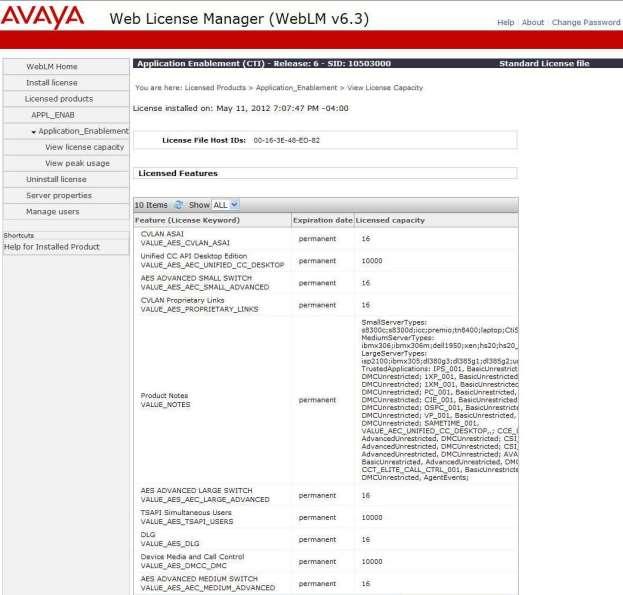 The Web License Manager screen is displayed. Select Licensed products APPL_ENAB Application_Enablement in the left pane, to display the Application Enablement (CTI) screen in the right pane.