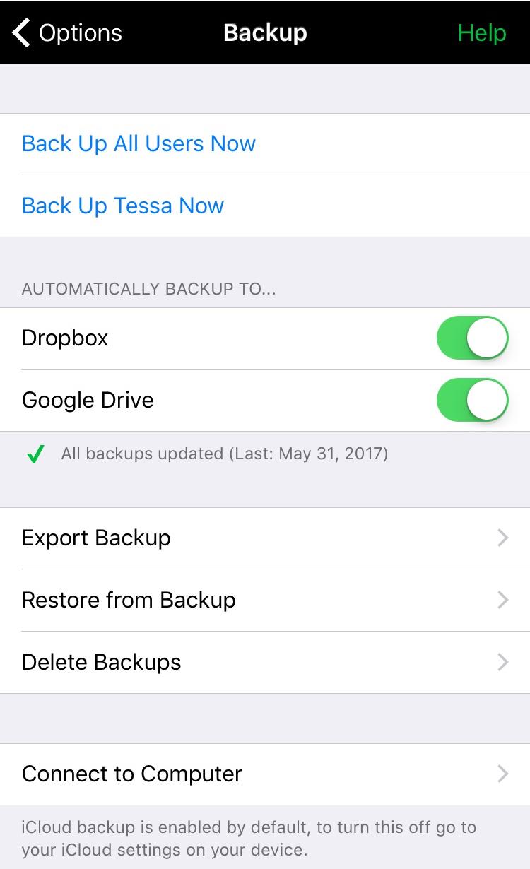 Prepare a backup for export After creating a backup, tap Export Backup and tap the box labeled Export next to the backup you want to export.