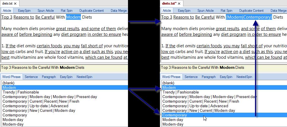 Selecting Synonyms for Words and Phrases When you step through the words and phrases of your article, you will see the synonyms for those words and phrases displayed in the Synonym Window of The Best