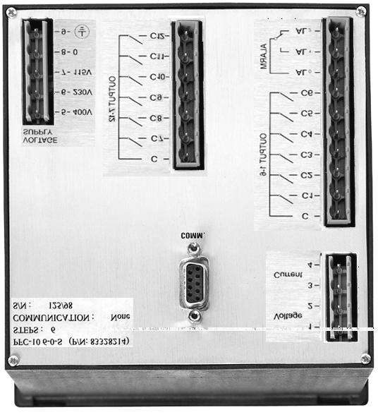Wiring Rear Panel Plug A - Voltage & Current measurement inputs. Plug B - Supply Voltage (115, 230 or 400V) Plug C - Output Relays for Capacitor steps 1-6 and alarm contact.