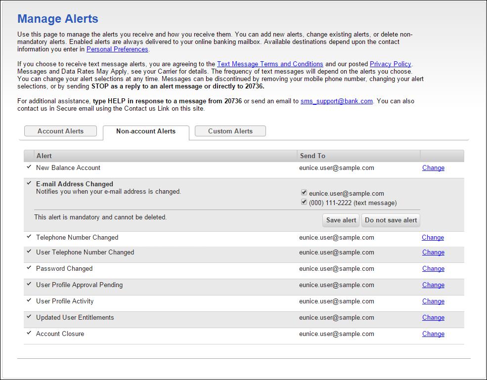 Manage Alerts Page Sample Account Alerts Balance and Activity Alerts Check Presented Alert Notifies company users when a check with a specific check number is presented, based on the previous day's