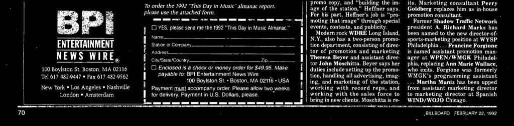 This noted reference work is printed on computer paper, and bound in an easy -to -use notebook. Order the 1992 "This Day in Music Almanac" TODAY, exclusively from the BPI Entertainment News Wire!