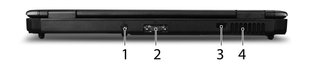 7 Rear view 1 DC-in jack Connects to an AC adapter. 2 External display (VGA) port Connects to a display device (e.g., external monitor, LCD projector). 3 USB 2.0 port Connect to USB 2.0 devices (e.g., USB mouse, USB camera).