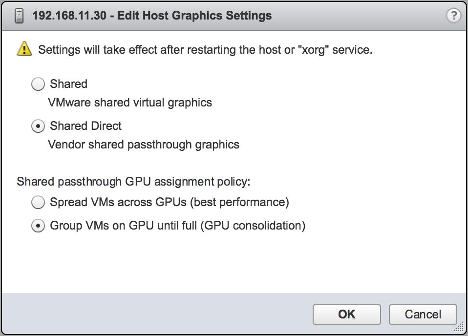 Modifying a VM's GRID vgpu Configuration Figure 30 Host graphics settings for vgpu After you click OK, the default