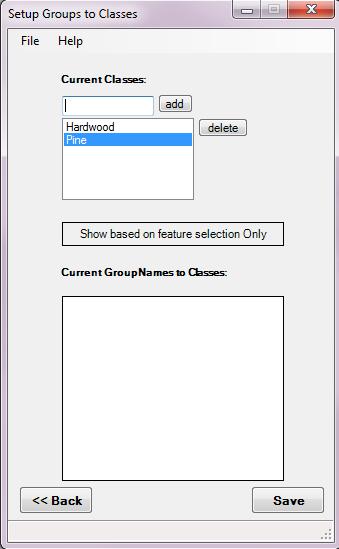 c. Click Groups to Classes and you will see the Setup Groups to Classes screen. 1. Initially you will see no text in the Current Classes window. Enter a new class name such as Pine and click add.