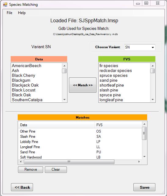 left clicking. b. Highlight the species name in the FVS pane that corresponds to the Data species by left clicking. c. Click the <<Match>> button to relate the two.