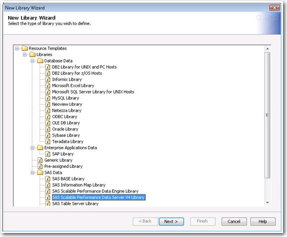 2. Select SAS Scalable Performance Data Server V4 Library as your library type. Then click Next. 3.