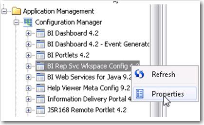10. Select Application Management Configuration Manager. Then right-click BI Rep Svc Wkspace Config 4.2.